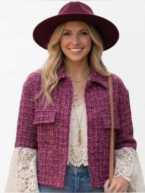 Rachel Zoe Pink Tweed Bouclé Cropped Zip Jacket Blazer S